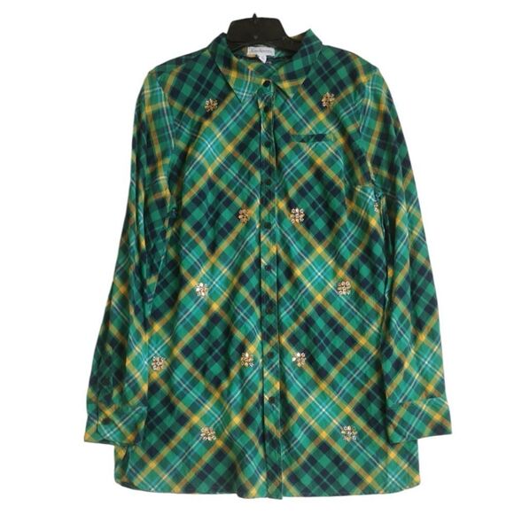 Kim Rogers Green Plaid Button Down Top with Rhinestone Embellishments Size 2X - Picture 1 of 12
